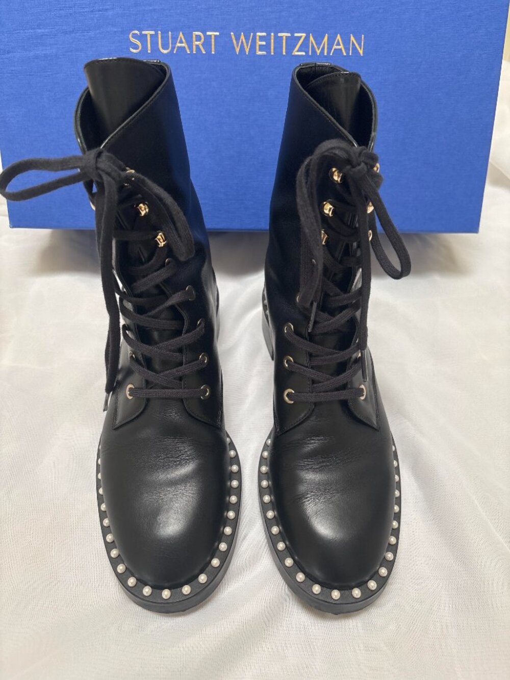 Stuart Weitzsman - Sondra Pearl-Trimmed Combat Boot - Authentic